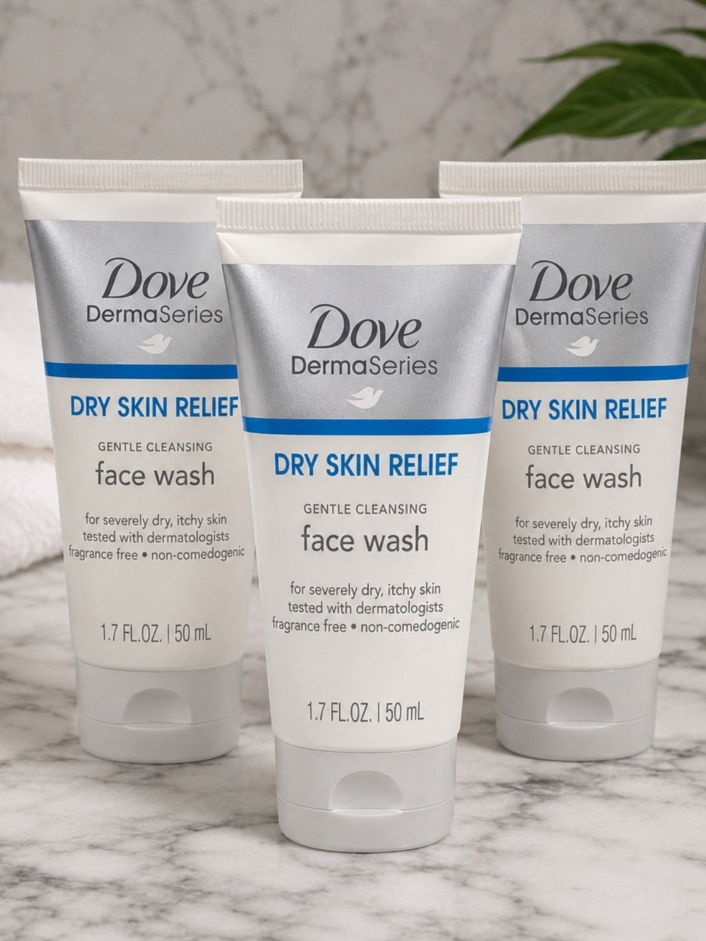 Set of 3 Dove DermaSeries Dry Skin Relief Gentle Cleansing Face Wash 1.7 oz